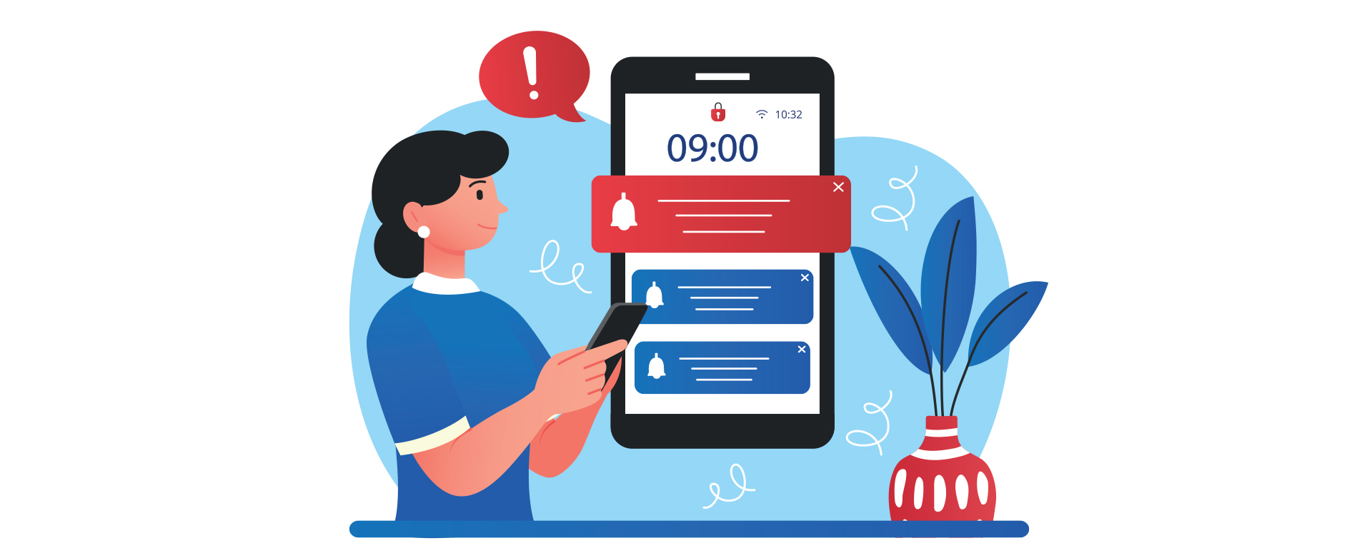 An illustration of a woman receiving fraud alerts on her phone
