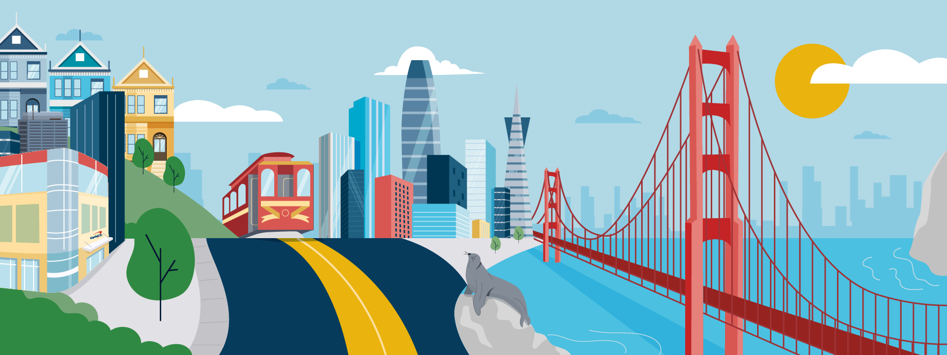 The exterior of Capital One's San Francisco office location, a large '201' in red