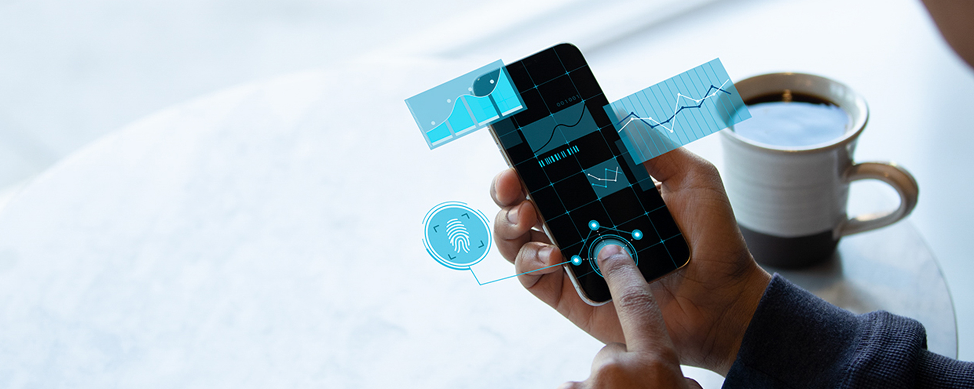 A person holding a phone with the features pulled out graphically