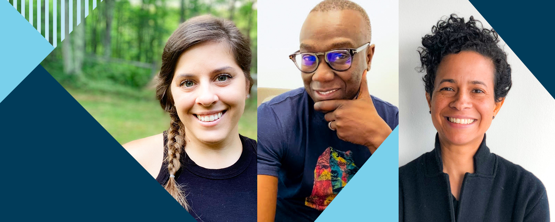 A collage of three Capital One associates, with a two-toned blue triangular background