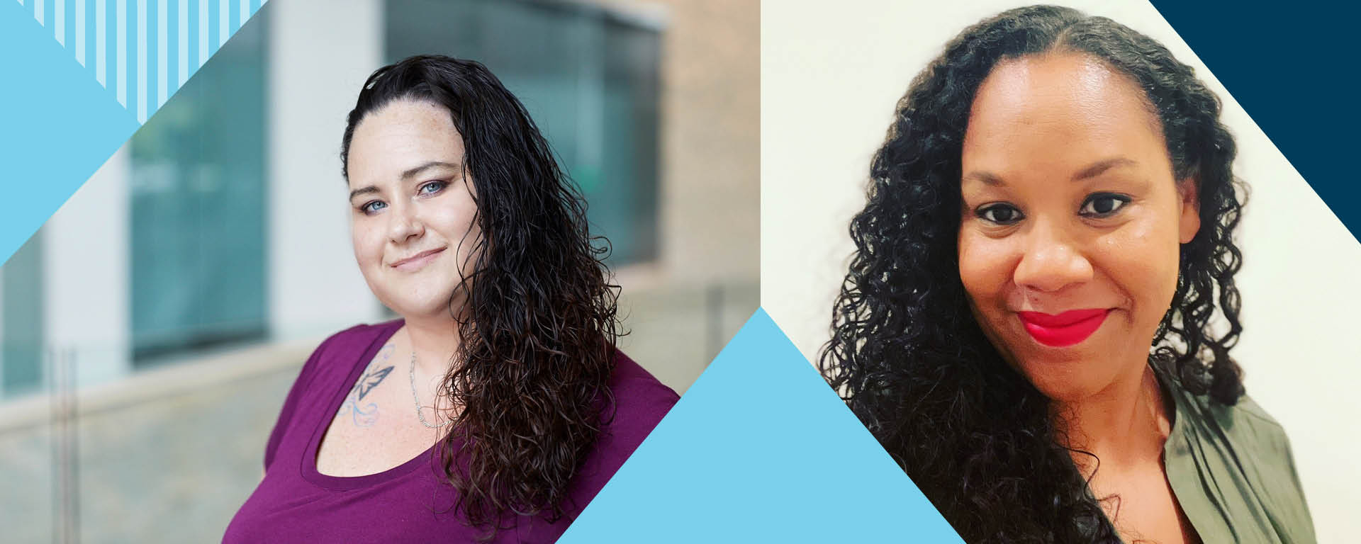 Two images of Capital One associates Eileen and Gena, with a blue triangular design pattern overlay