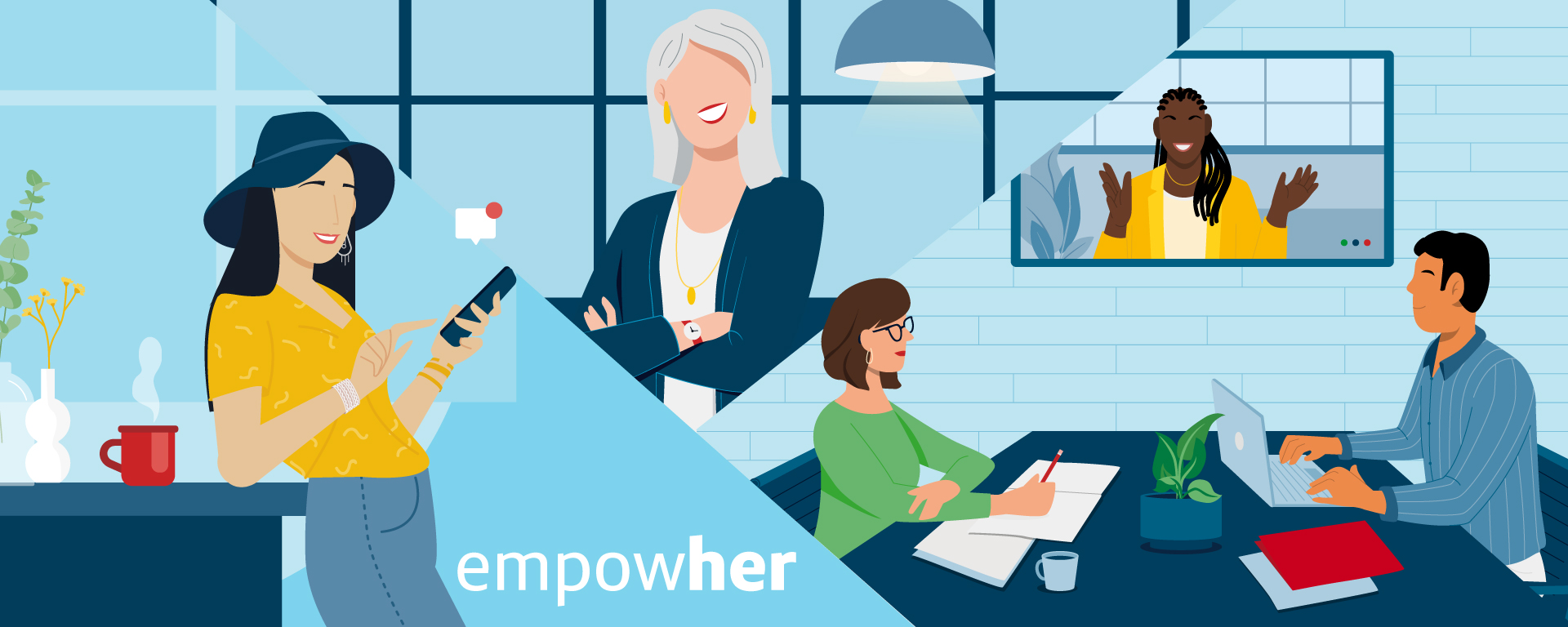 An animated collage of Capital One associates working and talking with the title 'empowher'