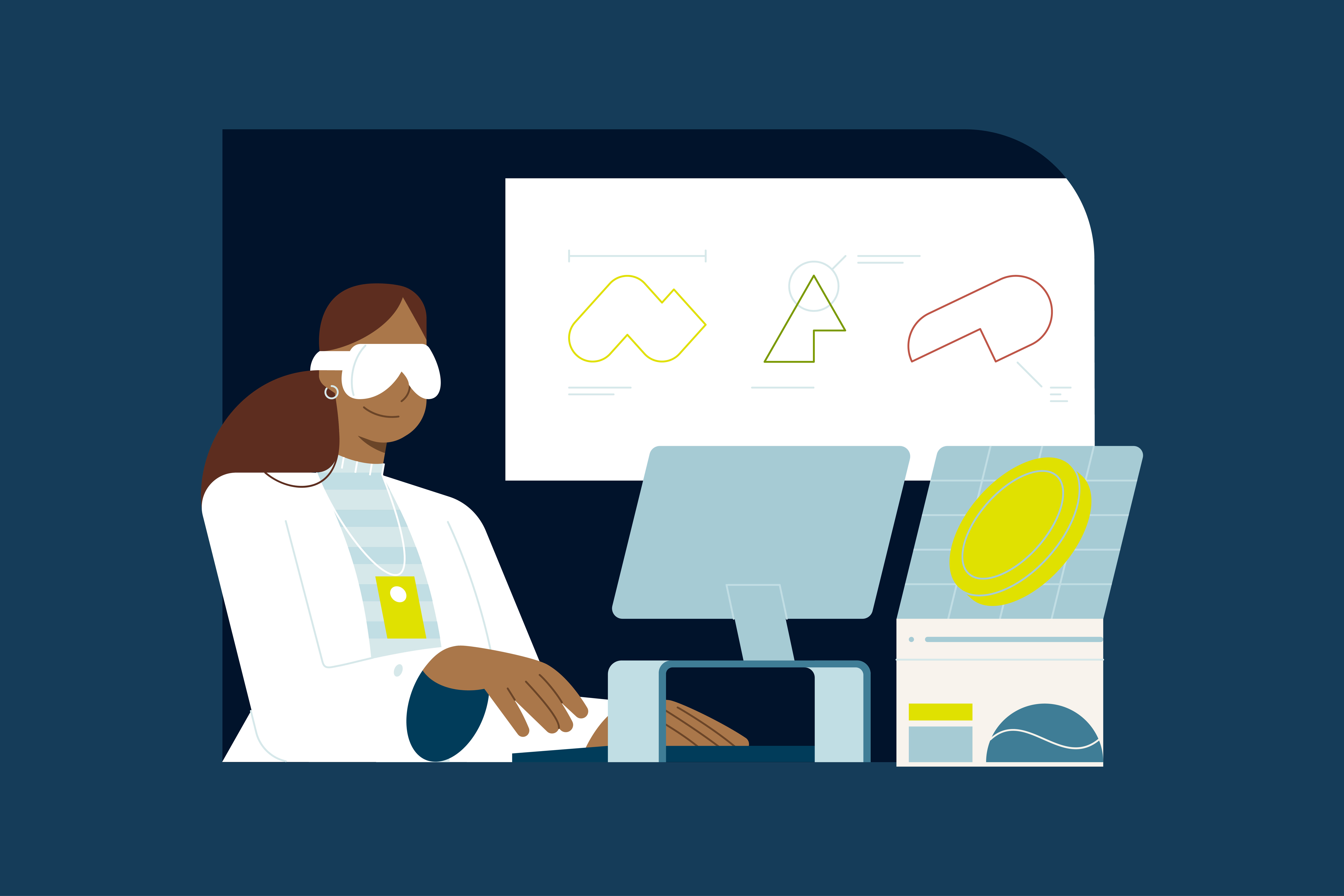 An illustration of a Capital One Mexico City Students & Grads associate sitting at a laptop working