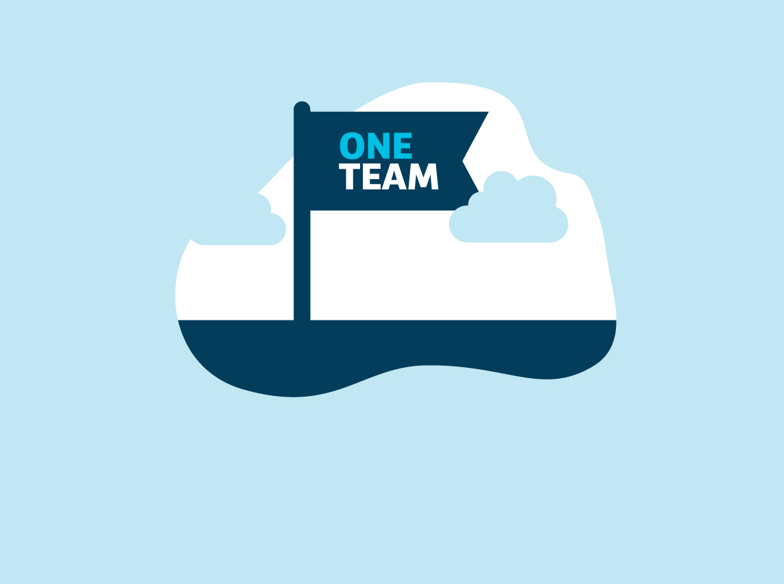 a blue illustration of a standing flag that says "One Team" to emphasize Work & Culture at Capital One