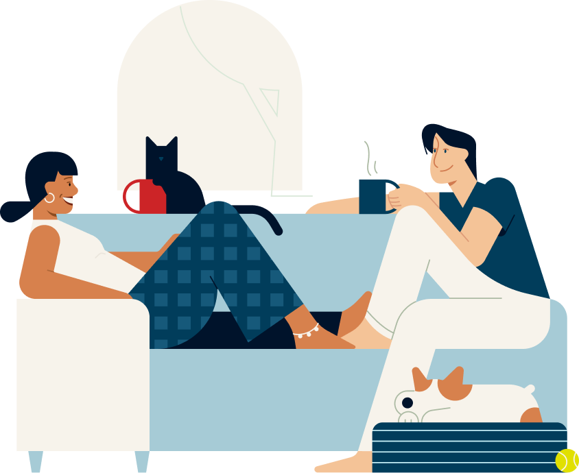 Illustration of two Capital One associates sitting and talking on a couch