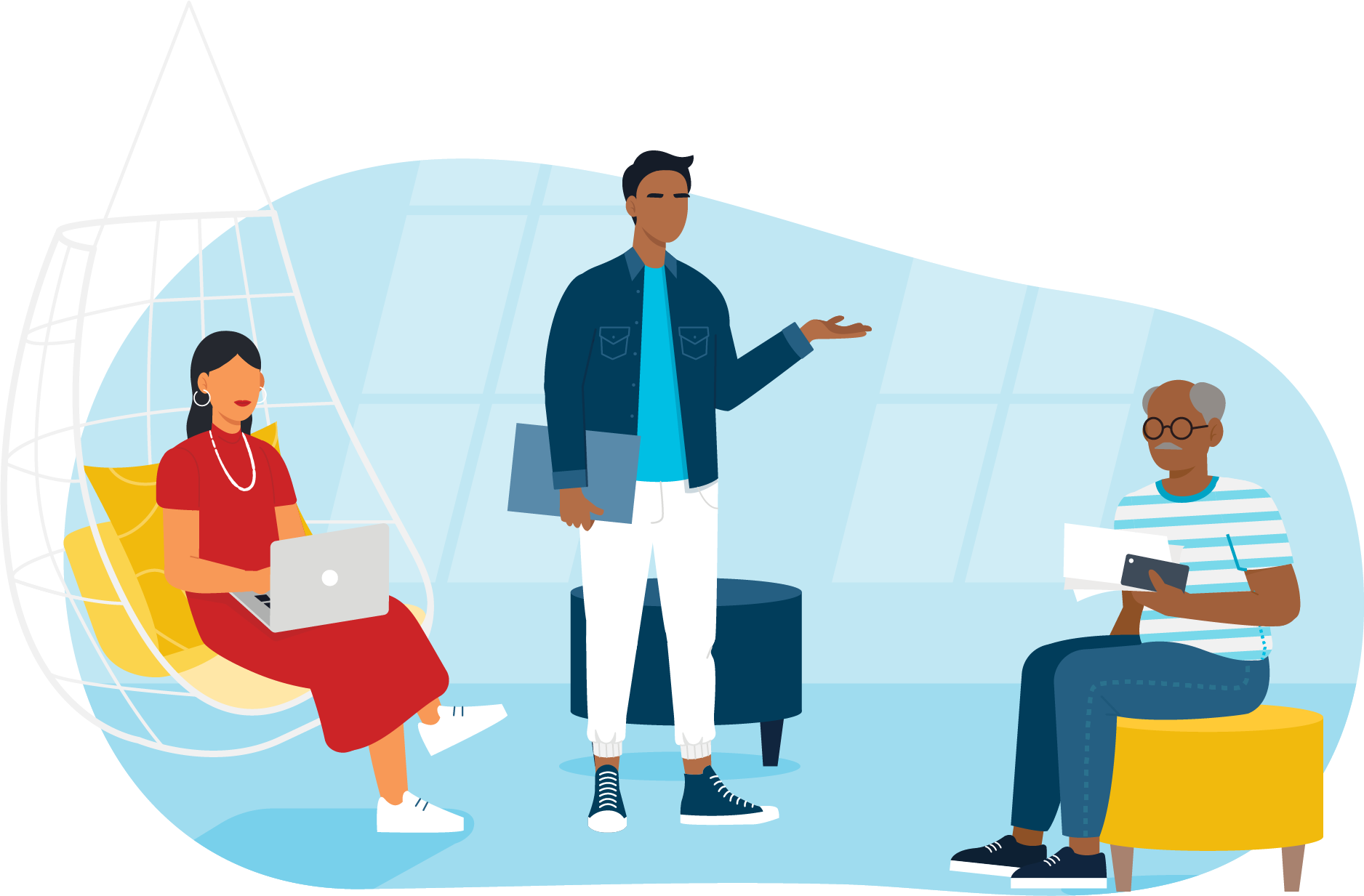 Illustration of three Capital One India associates sitting and standing with their laptops talking