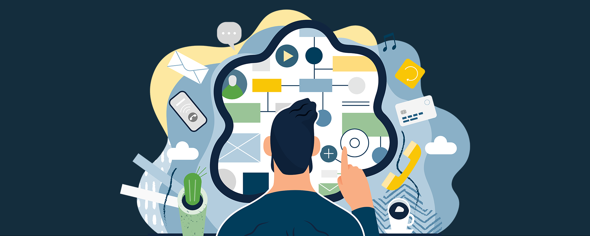 A cartoon man looks at a cloud of logos and symbols representing product management