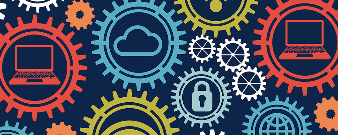 Colorful wheels and cogs surround tech icons. All float on a navy blue background